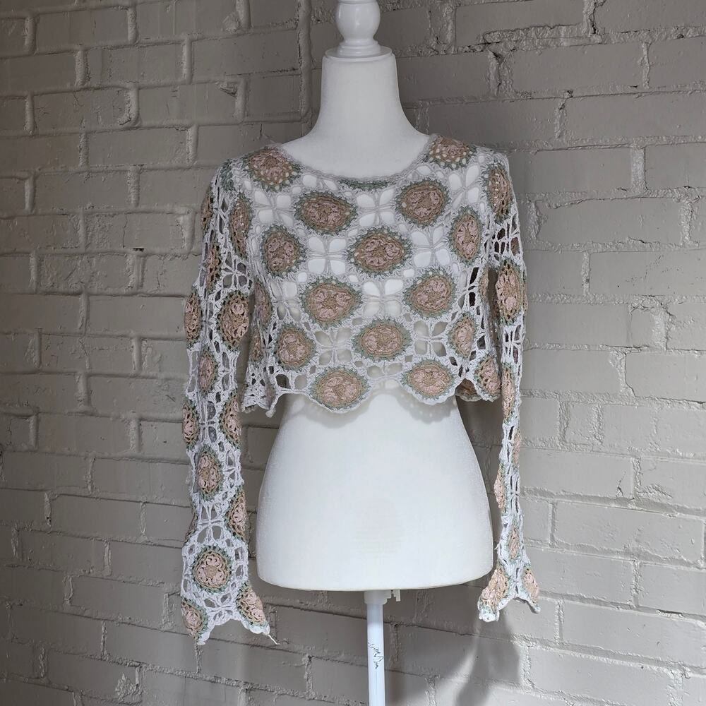 Forever 21 L, Cotton Crochet Knit Long-Sleeve Top w/ Pastels Fairy, Cottage Boho